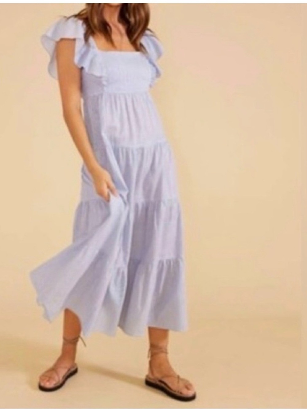 MINKPINK Aries Tiered Midi Dress Size M Blue Stripe Cottagecore Boho